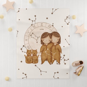 Gemini Baby Blanket | Astrology Plush Blanket | Baby Shower Gift | Moon And Stars Baby Blanket | Astrological Swaddle Blanket | Soft Fleece