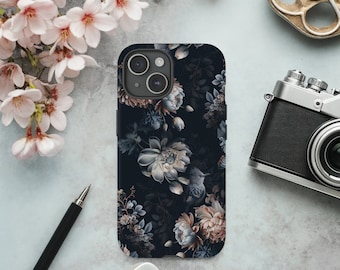 Negro Oscuro Moody Floral Academia Gótico Samsung Galaxy Tough Case S23 S22 S21 Plus Ultra iPhone 15 14 Pro Max / Brillante o Mate