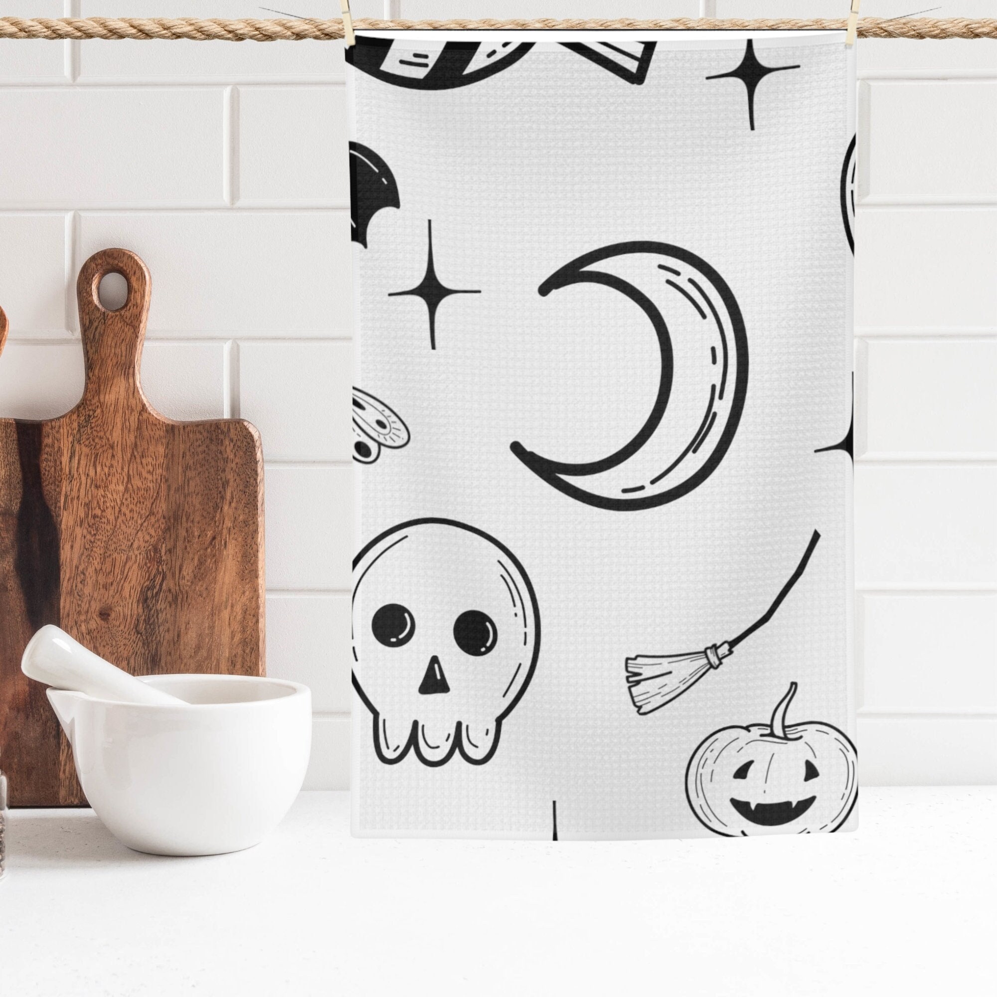 Halloween-Küchentücher Set – 2 Schwarz-weiße Geister-Motive, 40,6x71,1 Cm, Saugstark