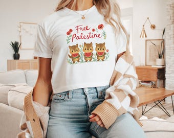 T-shirt court Palestine pour femme, ours palestinien, Palestine libre, cessez-le-feu maintenant, la libération de tous les peuples est liée à la Palestine