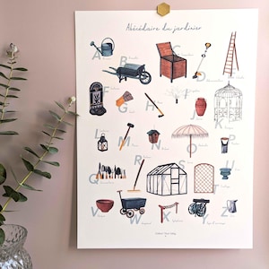 Ilustración del ABC del jardinero (30 x 40 cm) – Lámina artística – Póster decorativo de naturaleza y herramientas vintage
