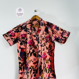 Pink color floral print cotton short night suit | Women wear Short PJ set | Half sleeve shirt and shorts set | Summer wear PJ | Gift for her