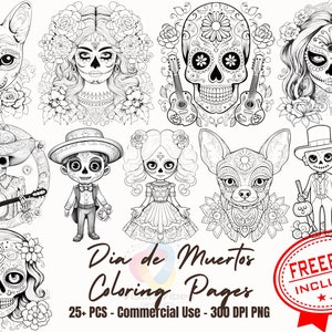 Paquete de más de 25 páginas para colorear del Día de Muertos para niños y adultos páginas para colorear mexicanas png libro para colorear de halloween en blanco y negro kdp