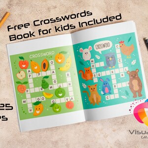 May include: An open book with two crossword puzzles. The left page features a fruit-themed crossword puzzle with a green background. The right page features an animal-themed crossword puzzle with a blue background. The book has the text "Free Crosswords Book for kids Included" on the cover. The text "Over 25 Pages" is visible on the left side of the image.