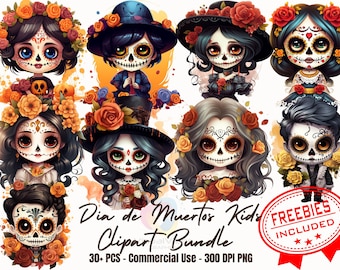 30+ Cute cartoon dia de muertos clipart bundle halloween stickers die de los muertos Mexican Tradition Mexican Celebration part 2