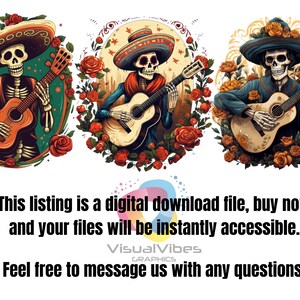 May include: Three digital illustrations of skeletons playing guitars. Each skeleton is wearing a sombrero and surrounded by flowers. The skeletons are in different poses and have different facial expressions.