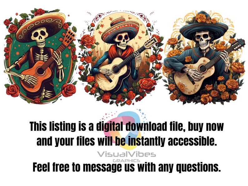 May include: Three digital illustrations of skeletons playing guitars. Each skeleton is wearing a sombrero and surrounded by flowers. The skeletons are in different poses and have different facial expressions.