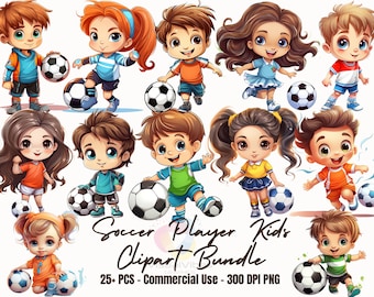 25+ Cartoon Kids in soccer costumes clipart bundle sticker PNG soccer stickers football clipart cute kids soccer adorable kids