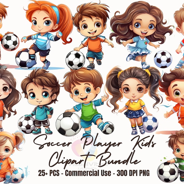 25+ Cartoon-Kinder in Fußballkostümen, Clipart-Bundle, Aufkleber PNG, Fußball-Aufkleber, Fußball-Clipart, süße Kinder, Fußball, bezaubernde Kinder