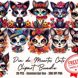 20 のかわいい漫画ディア デ ロス ムエルトス猫クリップアート バンドル ハロウィーン猫ステッカー死者の日デザイン不気味な季節のクリップアート漫画 c