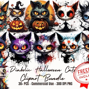 30+ 恐ろしい悪魔のハロウィーン猫クリップアート バンドル dia de muertos デザイン ハロウィン デコレーション 不気味なデザイン ハロウィン ステッカー catlover デザイン