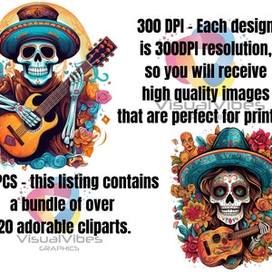 May include: A digital clipart bundle of 20+ colorful illustrations featuring Day of the Dead sugar skulls playing guitars. The text "300 DPI - Each design is 300DPI resolution, so you will receive high quality images that are perfect for printing." is visible in the image. The text "20+ PCS - this listing contains a bundle of over 20 adorable cliparts." is also visible in the image.