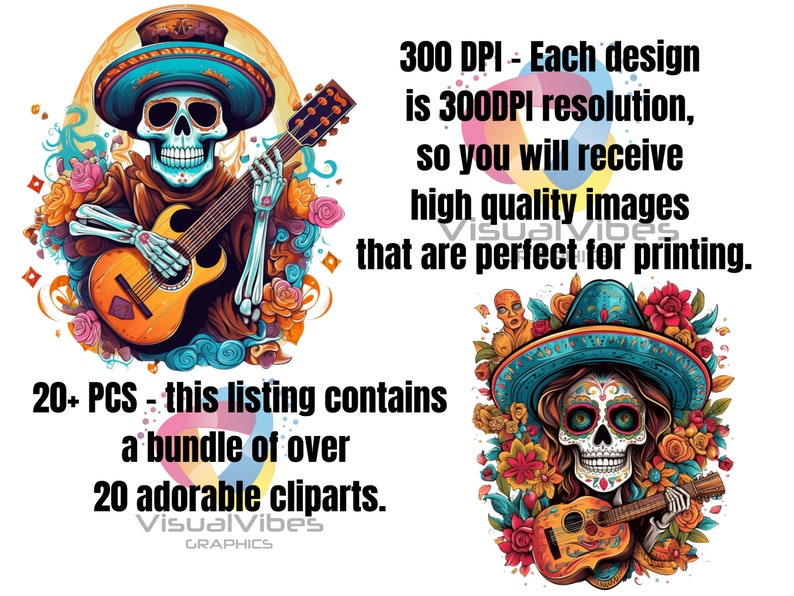 May include: A digital clipart bundle of 20+ colorful illustrations featuring Day of the Dead sugar skulls playing guitars. The text "300 DPI - Each design is 300DPI resolution, so you will receive high quality images that are perfect for printing." is visible in the image. The text "20+ PCS - this listing contains a bundle of over 20 adorable cliparts." is also visible in the image.