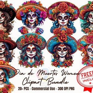 20+ Dibujos animados mujer dia de muertos clipart paquete la catrina png calavera retrato pegatinas día de los muertos diseño de halloween png mujer mexicana