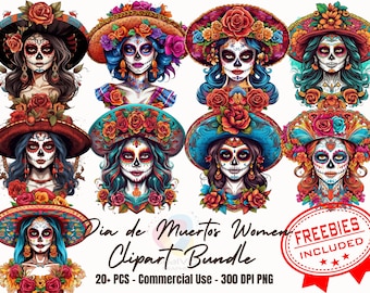 20+ Cartoon woman dia de muertos clipart bundle la catrina png calavera portrait stickers day of the dead halloween design png mexican woman