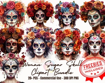 Over 20 Designs of Dia de Muertos Woman Sugar Skulls Clipart Bundle dia de muertos png halloween design sugar skull tshirt mexican clipart