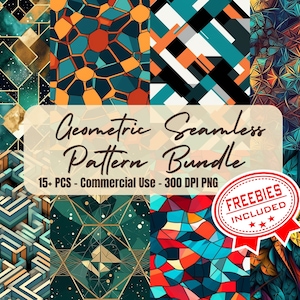 Peut inclure: Un collage numérique de 15 motifs géométriques sans couture dans différentes couleurs, notamment turquoise, orange, rouge, noir et or. Les motifs sont disposés en grille et comprennent des formes géométriques, des lignes et des textures. Le texte "Geometric Seamless Pattern Bundle" est affiché au centre de l'image. Le texte "15+ PCS - Commercial Use - 300 DPI PNG" est affiché sous le titre. Un cercle rouge avec le texte "FREEBIES INCLUDED" est affiché dans le coin inférieur droit de l'image.