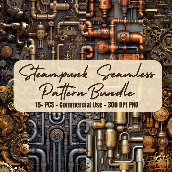 15+ Steampunk seamless pattern bundle mechanical gears pattern PNG  commercial use   gears and pipes | instant download freebie included