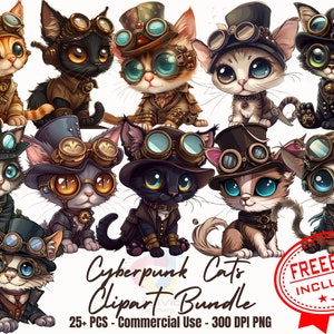 25+ Cute Cartoon Stempunk Cat Clipart bundle Cat Enthusiast png clipart Cat tshirt designs pillows steampunk apparel Cat Lover Decor