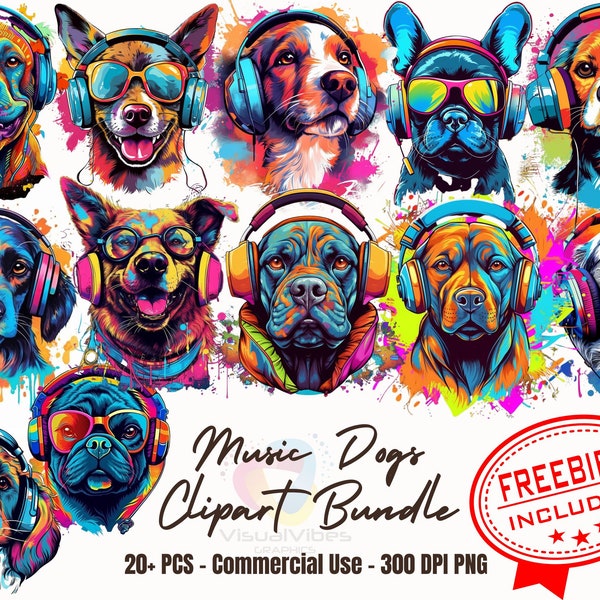 20+ Music loving colorful dog clipart bundle Whimsical Illustrations of dog stichers Dog Enthusiast png clipart dog tshirt designs pillows