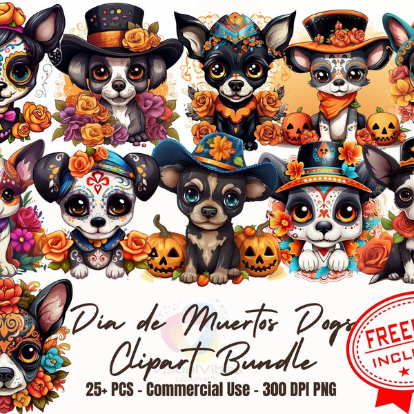 25+ Cute Cartoon Dia de los Muertos Dogs Clipart Bundle halloween dogs stickers day of the dead design spooky season clipart cartoon dogs