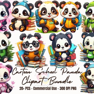 Más de 20 pegatinas de regreso a la escuela con imágenes prediseñadas de pandas bebés de dibujos animados | PNG | uso comercial | sin antecedentes | descarga instantánea | obsequio incluido
