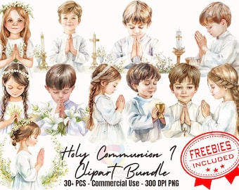 Más de 30 acuarela Primera Comunión Clipart Paquete invitaciones de comunión cristianismo clipart pegatinas png Símbolos católicos cristianismo png