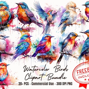 20+ Watercolor Birds with Painterly Splashes Clipart Bundle watercolor nature colorful birds design bird sticker Nature Elegance avian