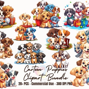 20+ Cute cartoon puppies clipart group of baby dogs sticker PNG commercial use transparent background instant download | freebie included