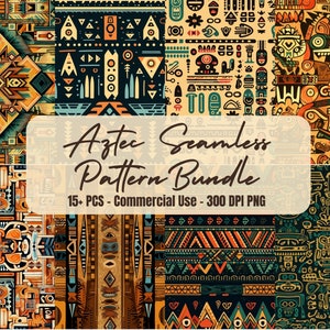 Op de afbeelding: Een digitale download van 15 naadloze patronen geïnspireerd op de Azteekse cultuur. De patronen bevatten geometrische vormen, gestileerde figuren en levendige kleuren zoals oranje, geel, groen en blauw. De patronen zijn perfect om unieke ontwerpen te maken voor textiel, behang en andere ambachten.
