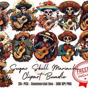 20+ Dia de Muertos Dessin animé crâne de sucre mariachi clipart bundle autocollants d’Halloween die de muertos PNG Illustrations de tradition mexicaine