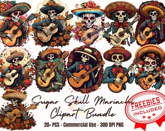 20+ Dia de Muertos Dessin animé crâne de sucre mariachi clipart bundle autocollants d’Halloween die de muertos PNG Illustrations de tradition mexicaine