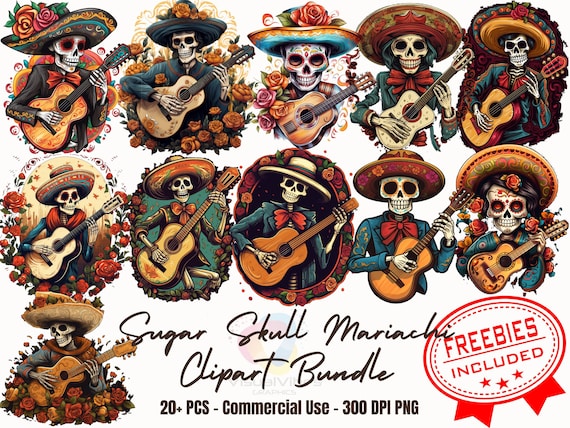 20+ Dia de Muertos Cartoon sugar skull mariachi clipart bundle halloween stickers die de muertos PNG Mexican Tradition Illustrations