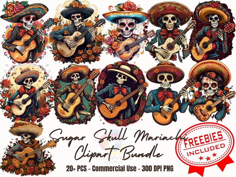 May include: A set of 20 digital clipart images featuring sugar skull mariachi musicians playing guitars. The images are in a colorful cartoon style and are perfect for crafting projects, scrapbooking, and more.