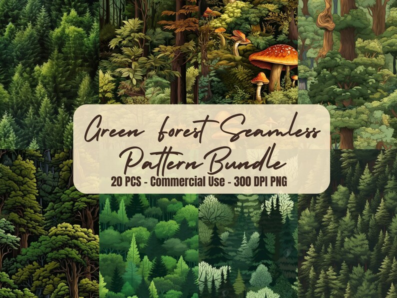 Forest Map Pattern 20 Green Forest Seamless Pattern | Trees | Mushrooms | PNG | Commercial ...