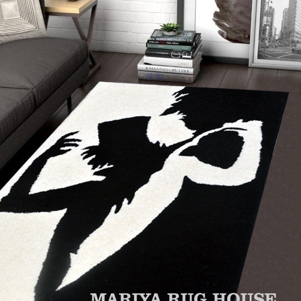 Hand made tufted carpet all cut pile black and white Artisan-Crafted Designer Wool Rug for a Sophisticated Look in Your Living Room bedroom