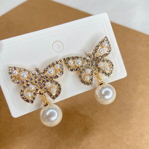 Faux Pearl earrings | Rhinestone Butterfly | Decor Drop Earrings | Decor Earrings | Birthday gift