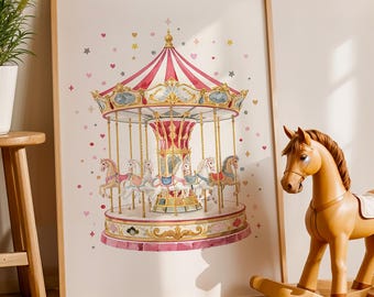 Nursery Carousel Art Print, Watercolor Whimsical Carnival Print, Vintage Cute Kids Room Decor