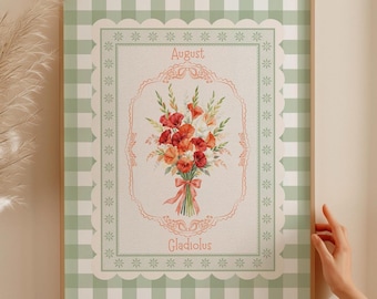 August Gladiolus Birth Flower Print, Vintage Gingham Botanical Poster