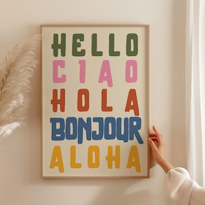 Hallo Bonjour Ciao Hola Aloha Print, Meertalige Welkomstposter met Typografie