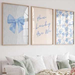 How Lucky Are We Print, Blue Floral Bow Print Set of 3, Coastal Chinoiserie Dorm Wall Art, Digital Download