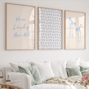 Blue Floral Bow Print Set, How Lucky Are We, Preppy Chinoiserie Dorm Decor, Digital Download