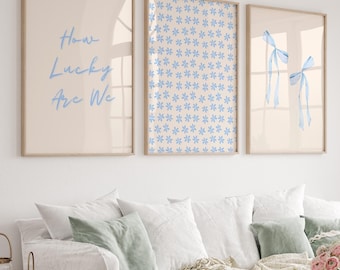 Trendy Blue Wall Art Set of 3, How Lucky Are We Print, Coastal Preppy Floral Bow Art, Aesthetic Coquette Dorm Room Decor, Chinoiserie Prints