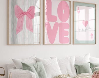 Danish Pastel Sage Green and Pink Wall Art Set, Coquette Bow Playing Card Print