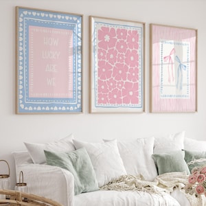 Pink and Blue Floral Bow Print Set, How Lucky Are We, Coquette Dorm Decor, Digital Download