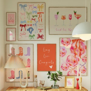 Juego de 8 láminas de arte mural preppy, decoración moderna para habitaciones, estampado de vaquera disco rosa, lazos, decoración de dormitorio con estética maximalista y coqueta.