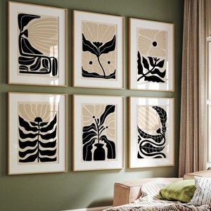 Schwarz und Beige Boho Abstrakte Blumen Druck Set von 6, Botanische Vintage Kunstdruck, Moderne Terrakotta Drucke, Matisse Stil Blumenmarkt Kunst