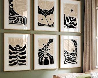 Boho Floral Print Set: Black Beige Matisse Flower Art, Digital Download