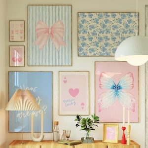Pink and Blue Preppy Set of 10, Aesthetic Bikini Wall Art, Trendy Girls Dorm Room Decor, How Lucky Are We Print, Cute Coquette Bows, Cin Cin