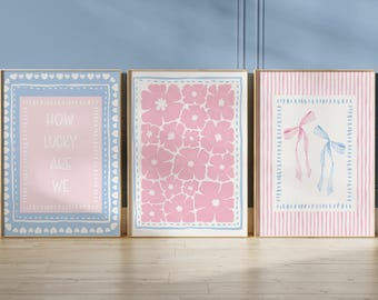 Pink and Blue Floral Bow Print Set, How Lucky Are We, Coquette Dorm Decor
